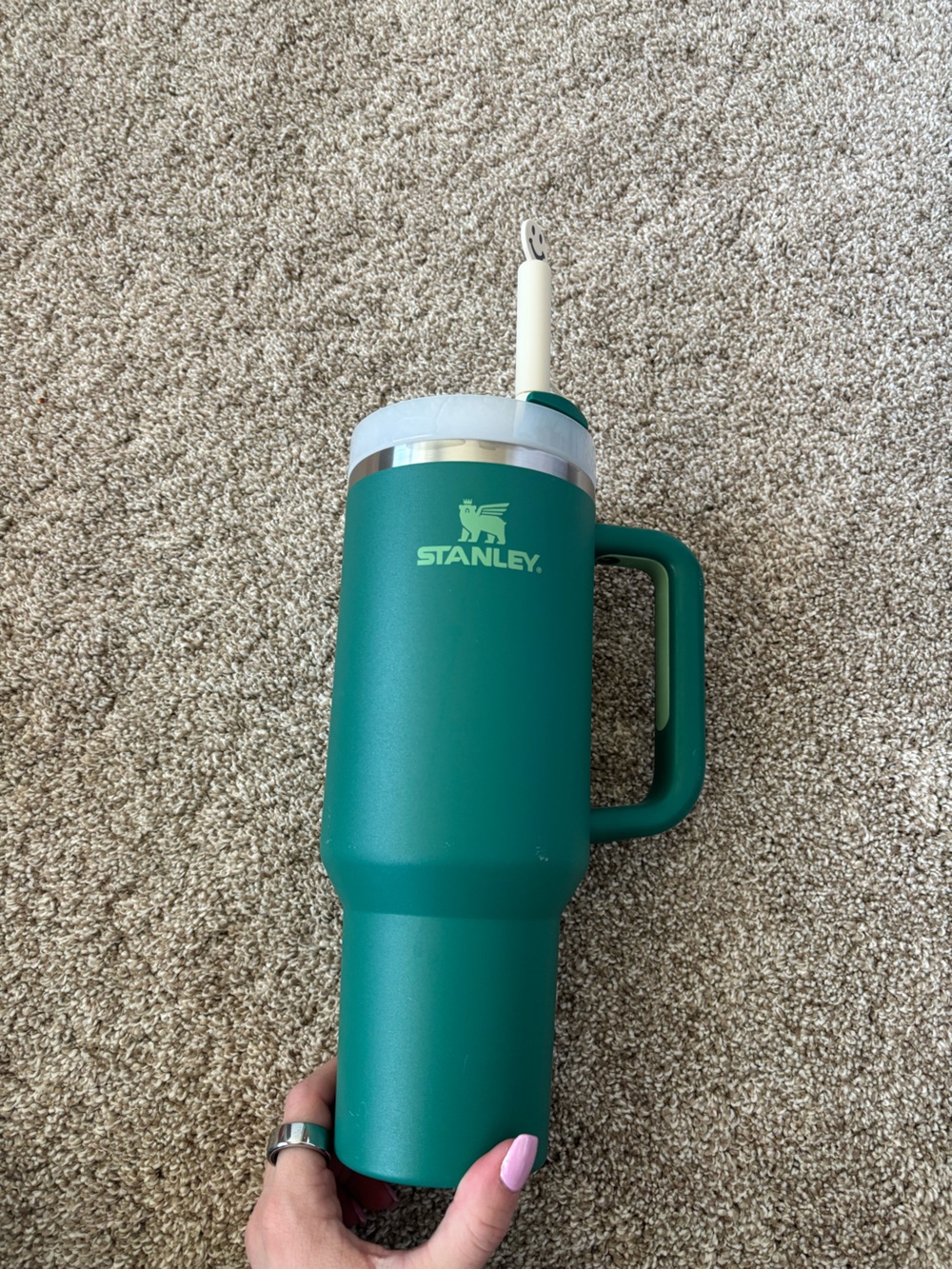 Stanley Green Travel Mug with Handle and Clear Lid